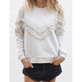 European Long Sleeve Tassel Trim Crew Neck Sweatshirt in Gray