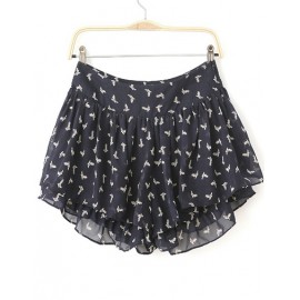 Preppy Bird Printed Chiffon Shorts in Dark Blue Size:S-L