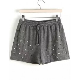 Loose Wide Leg Drawstring Shorts with Beading Trim Size:M-L