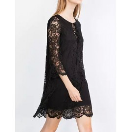 Romantic Drawstring Neckline Flare Sleeve A-Line Lace Dress