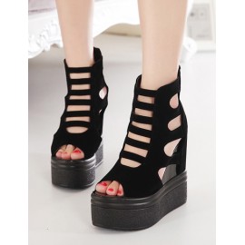 Sexy Cut-Out Wedge Heel Peep-Toe Sandals in Black Size:34-39