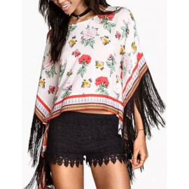 Charming Flower Asymmetric Tassel Kimono in Boat Neck Size:S-L