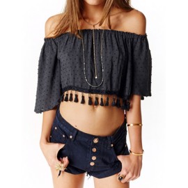 Sexy Off Shoulder Tassel Trim Tube Top in Black