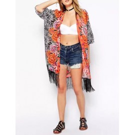 Leisure Floral Printed Leopard Veins Kimono with Tassel Hem Size:S-L