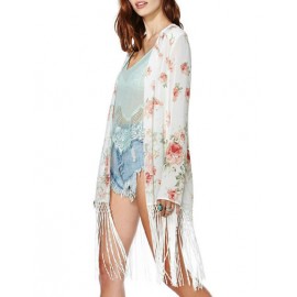 Streetwear Tassel Trim Floral Printed Kimono with Open Front Size:S-L