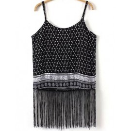 Tribal Print Spaghetti Crop Top with Tassel Hem