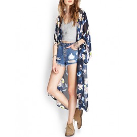 Street Crane Printed Sheer Chiffon Kimono with Asymmetric Hem Size:S-L