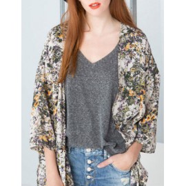 European Mini Floral Printed High-Low Hem Kimono with 3/4 Sleeve