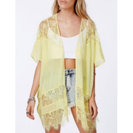 Girly Lace Panel Batwing Sleeve Chiffon Kimono in Yellow