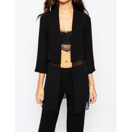 Stylish Black Chiffon Blazer with Sheer Panel Hem