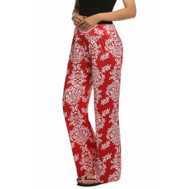 Women Fashion Casual Wide Leg Elastic Waist Print Stretch Long Trouser Pants 