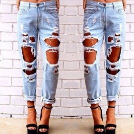 Women Fashion Vintage Style Torn Holes Denim Blue Pants Female Retro Pencil Long Pants