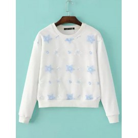 Gorgeous Mesh Embroidery Panel Crop Sweatshirt in Round Neck